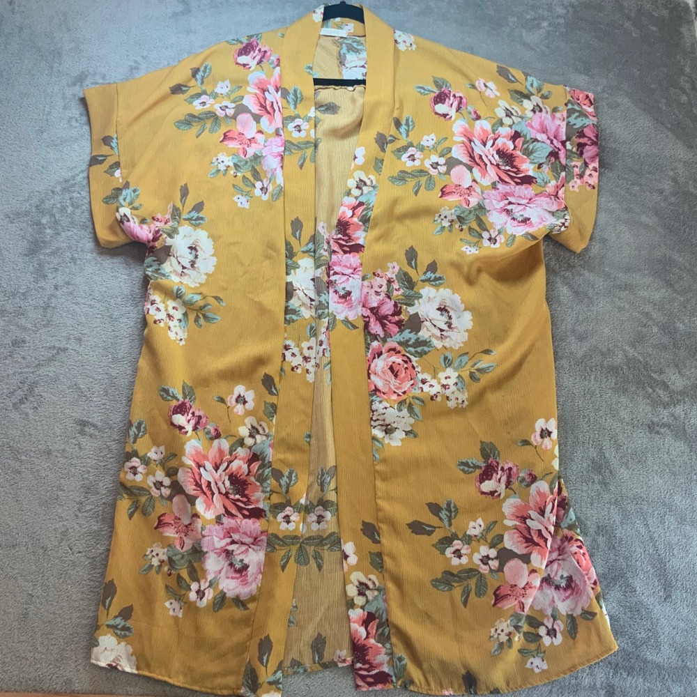 ODDI Mustard Yellow Floral Kimono Cardigan Wrap Pockets Boho Short Sleeve Large